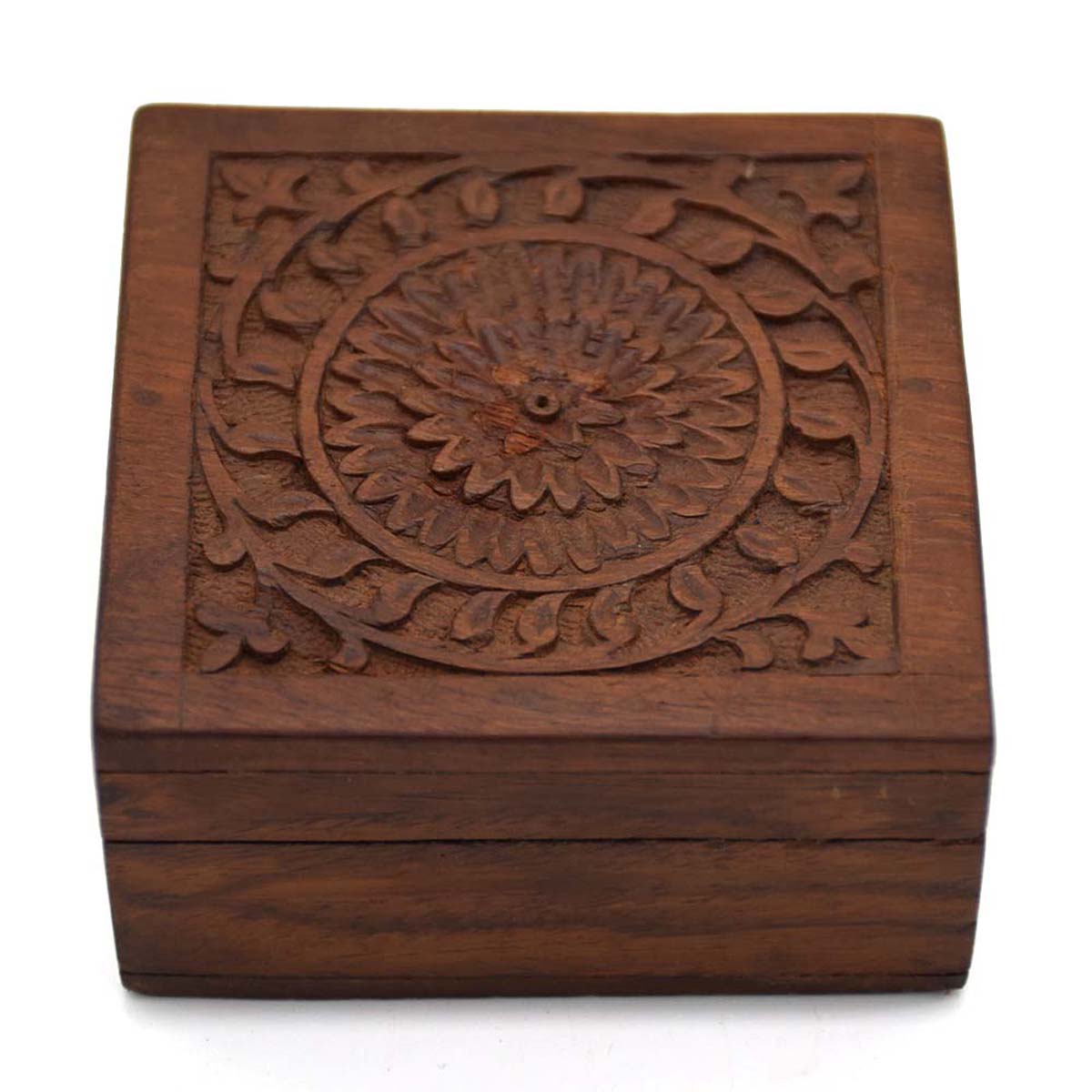 Wooden Jewelry Boxes Wholesale – Handmade Wooden Box – Carved Floral & Leafy Motifs – Brown Finish – Unique Storage/Trinket Boxes